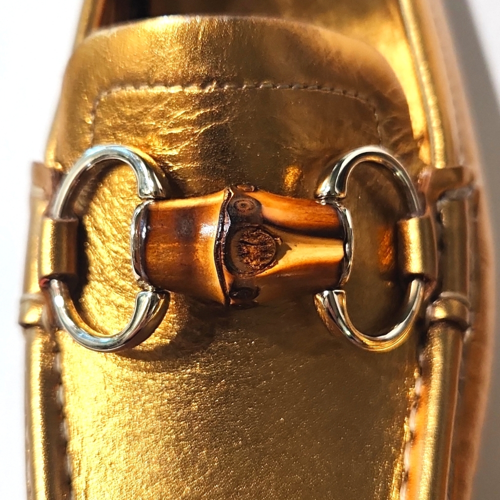 NEW!! Gucci Bamboo Horsebit Gold Leather Driving Shoes Loafers 155162 Size 5B - Picture 3 of 16